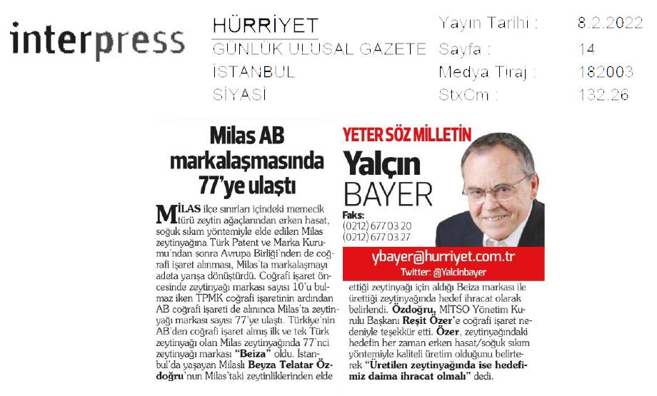 Fotoğrafta Hürriyet Gazetesi yazarı Yalçın Bayer'in gazetede Beiza markasıyla ilgili yazdığı köşe yazısının görüntüsü yer alıyor