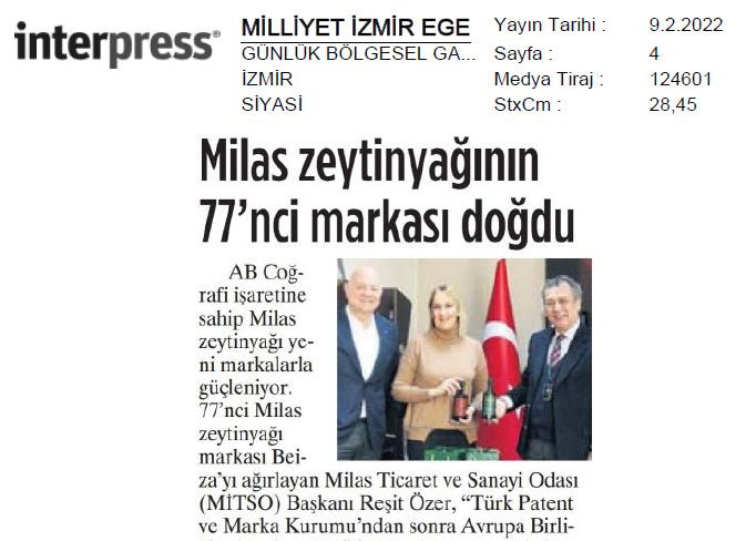 Fotoğrafta Milliyet gazetesinin İzmir ekinde Beiza markasıyla ilgili çıkmış yazının görseli yer alıyor