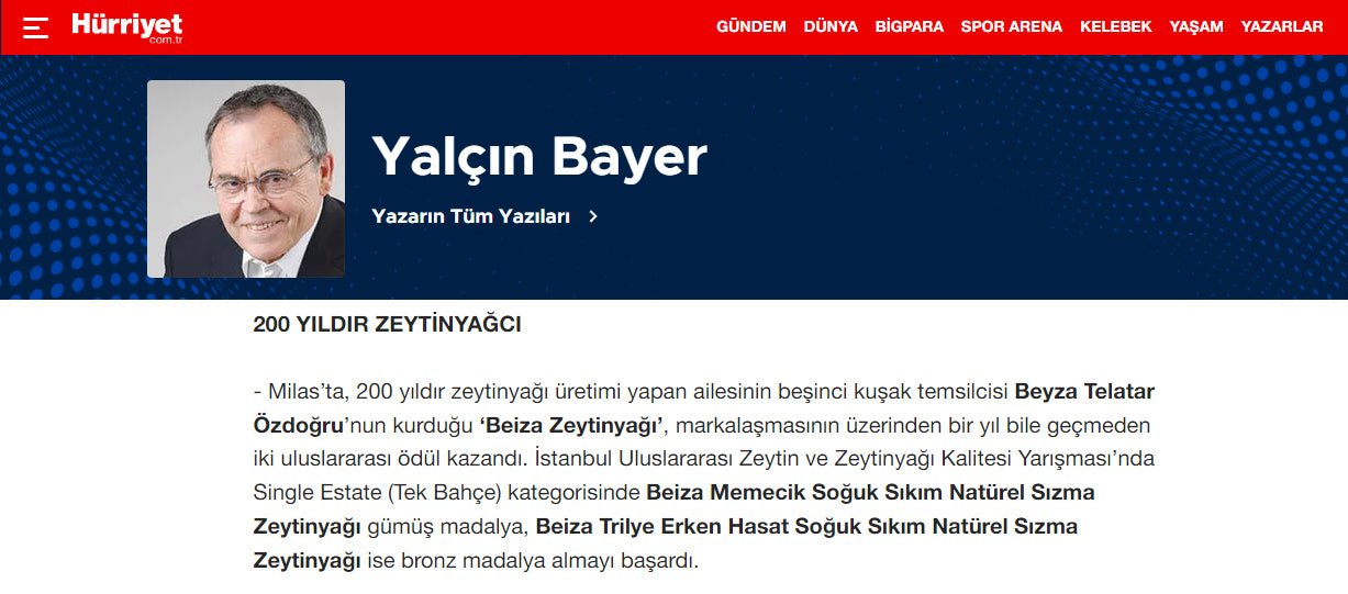 Fotoğrafta Hürriyet Gazetesi yazarı Yalçın Bayer'in gazetede Beiza markasıyla ilgili yazdığı köşe yazısının görüntüsü yer alıyor
